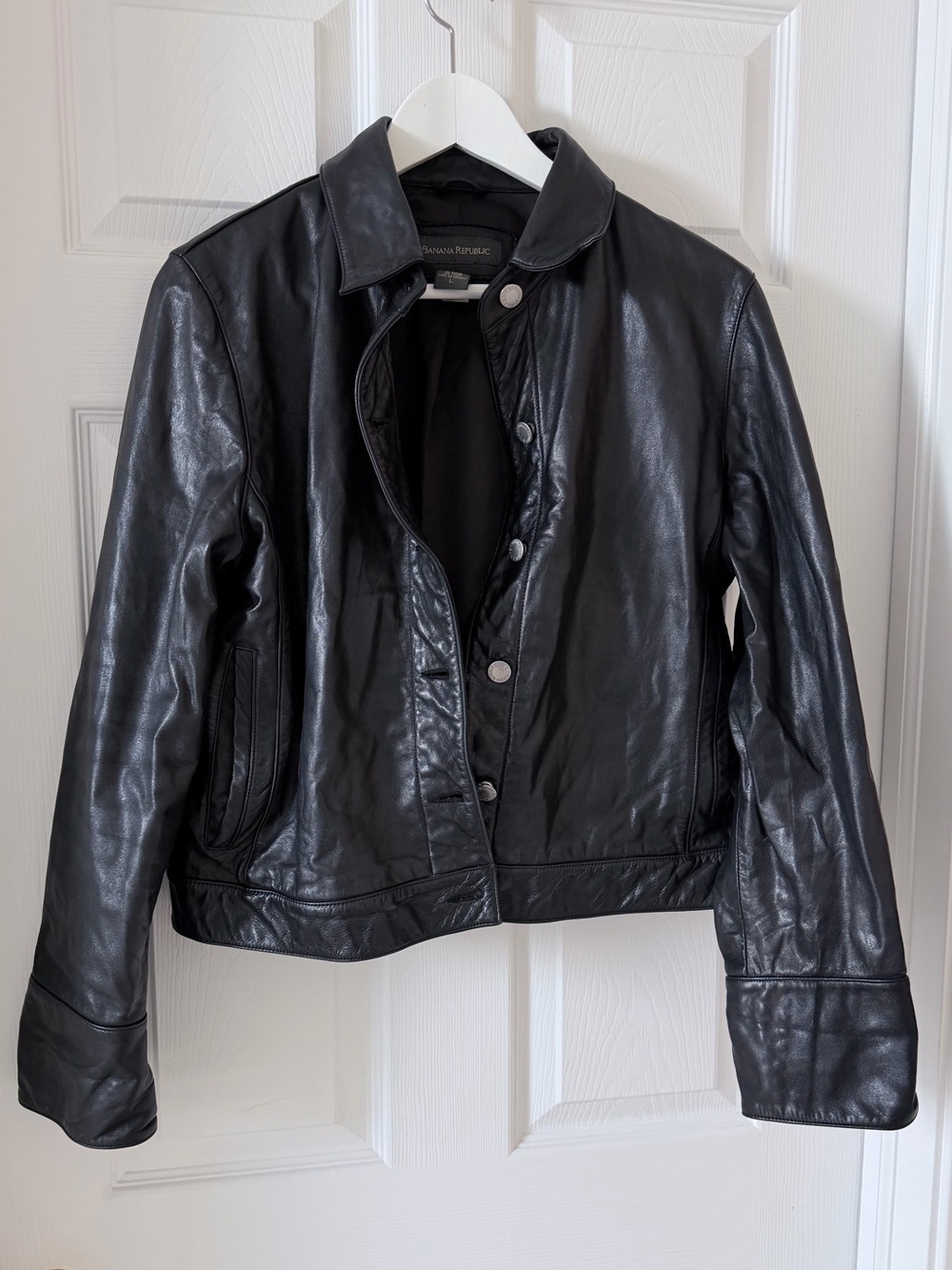 Banana Republic Black Leather Vintage Jean Jacket - Women’s Size Large